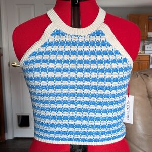 Freshman Blue and Cream Knit Halter Crop Top